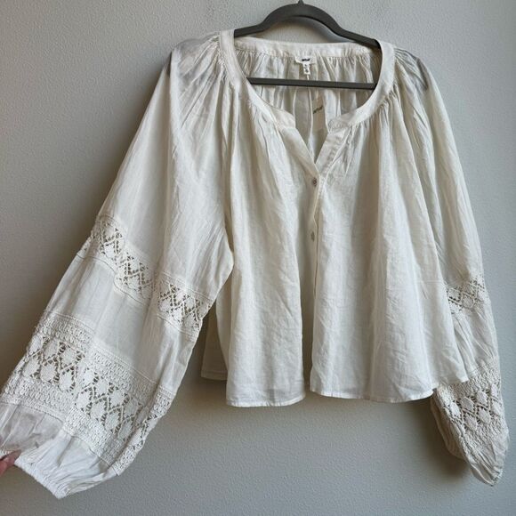 NWT Aerie Crochet Sleeve Cream Button Down Cotton Gauze Size XL Relaxed Boho Top - Picture 2 of 7